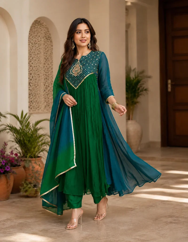 Emerald Teal Zari Embroidered Anarkali Kurta Set Product Details