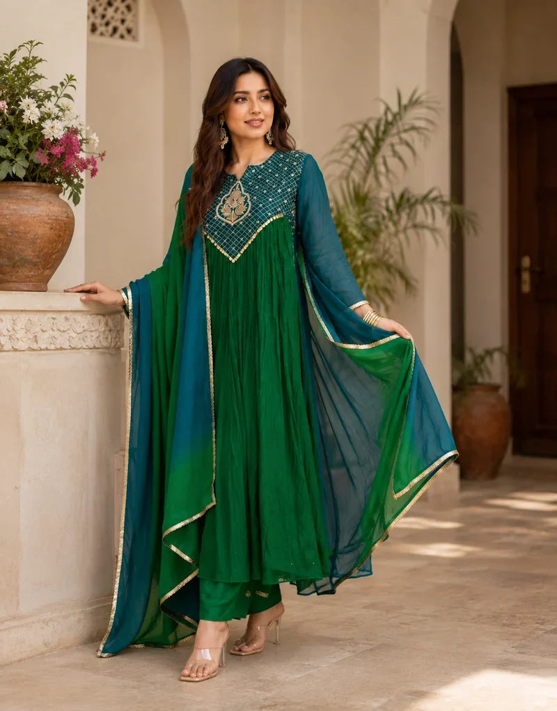 Emerald Teal Zari Embroidered Anarkali Kurta Set Product Details