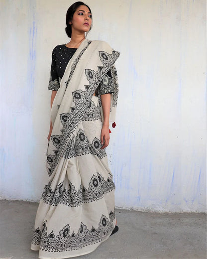 Elegant Handblock Printed Saree – Ivory & Black