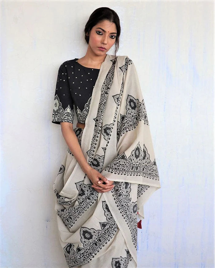Elegant Handblock Printed Saree – Ivory & Black