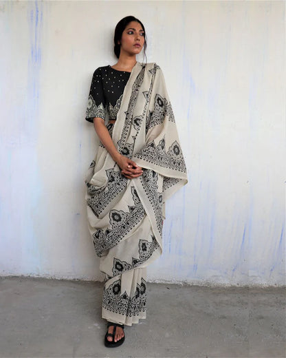 Elegant Handblock Printed Saree – Ivory & Black