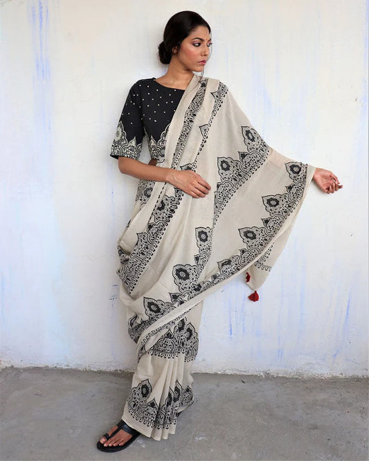 Elegant Handblock Printed Saree – Ivory & Black