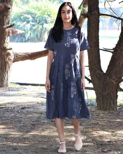 Slate Blue Botanical Print Pleated Dress