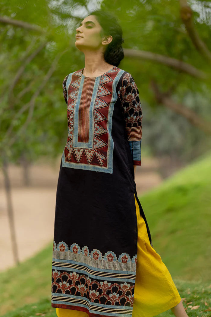 Black Ajrakh Printed Cotton Kurta