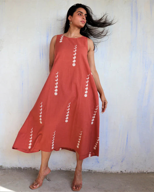 Terracotta Moon Print Flared Dress