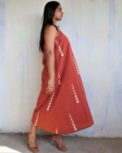 Terracotta Moon Print Flared Dress