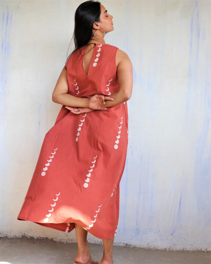 Terracotta Moon Print Flared Dress