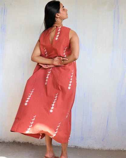 Terracotta Moon Print Flared Dress