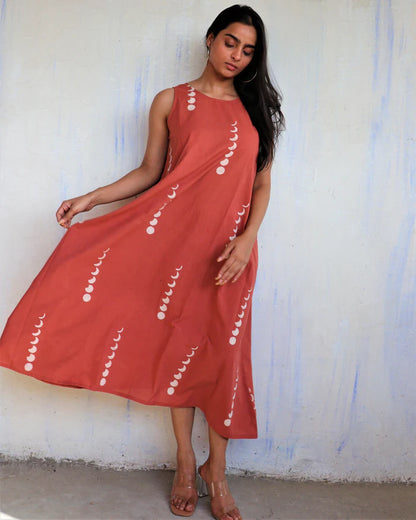 Terracotta Moon Print Flared Dress