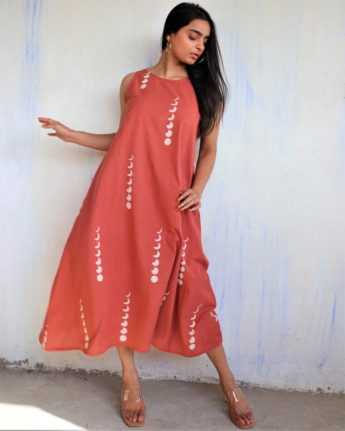 Terracotta Moon Print Flared Dress