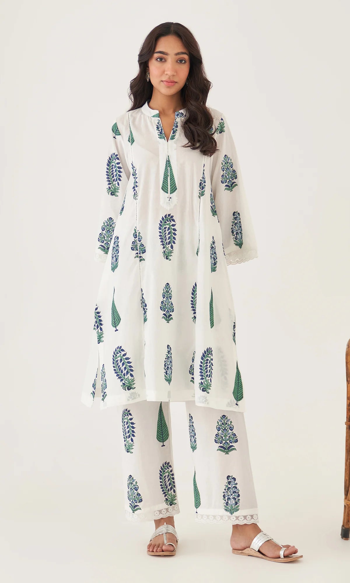 Handblock Printed Cotton Kurta & Pant Set – White with Blue & Green Motifs