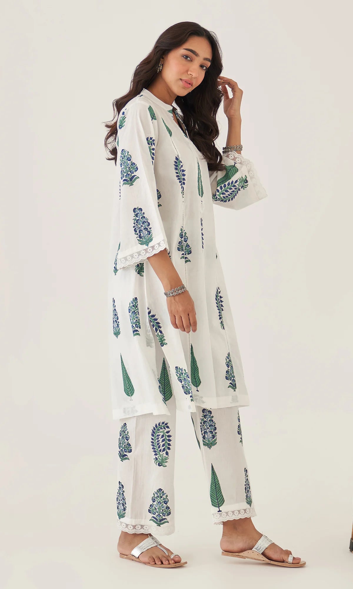 Handblock Printed Cotton Kurta & Pant Set – White with Blue & Green Motifs