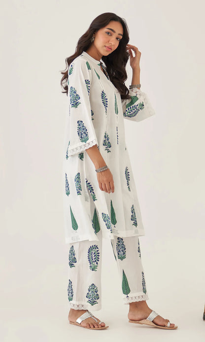 Handblock Printed Cotton Kurta & Pant Set – White with Blue & Green Motifs