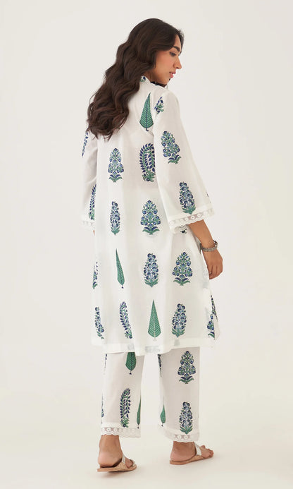 Handblock Printed Cotton Kurta & Pant Set – White with Blue & Green Motifs