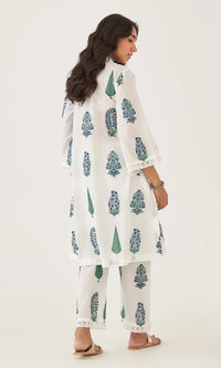 Handblock Printed Cotton Kurta & Pant Set – White with Blue & Green Motifs