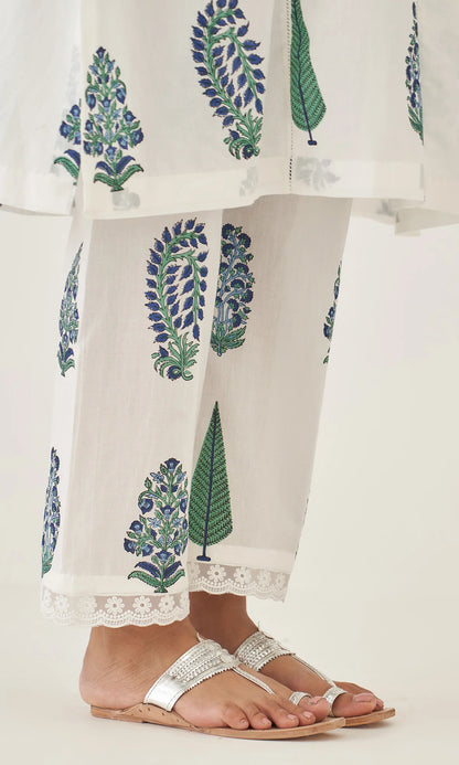 Handblock Printed Cotton Kurta & Pant Set – White with Blue & Green Motifs