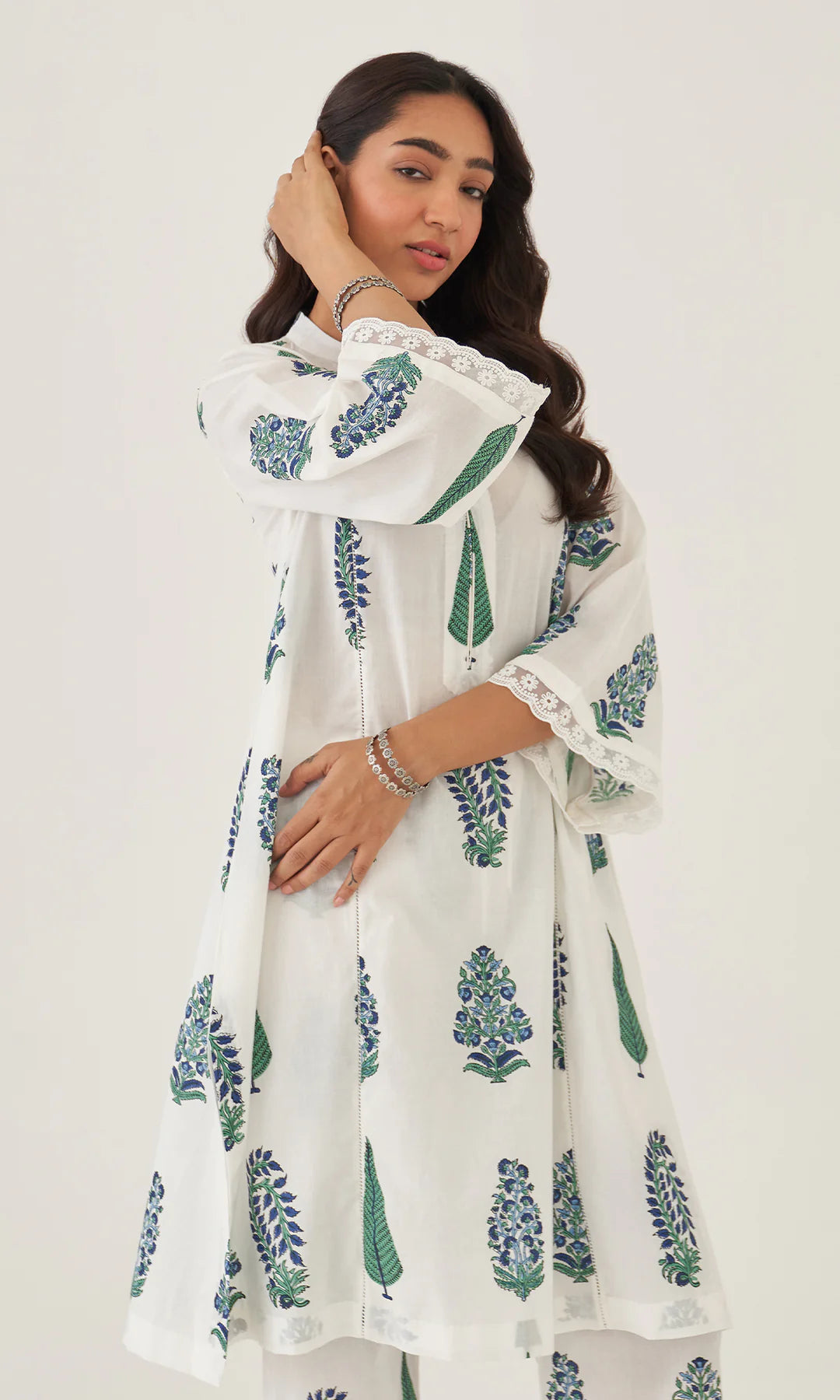 Handblock Printed Cotton Kurta & Pant Set – White with Blue & Green Motifs