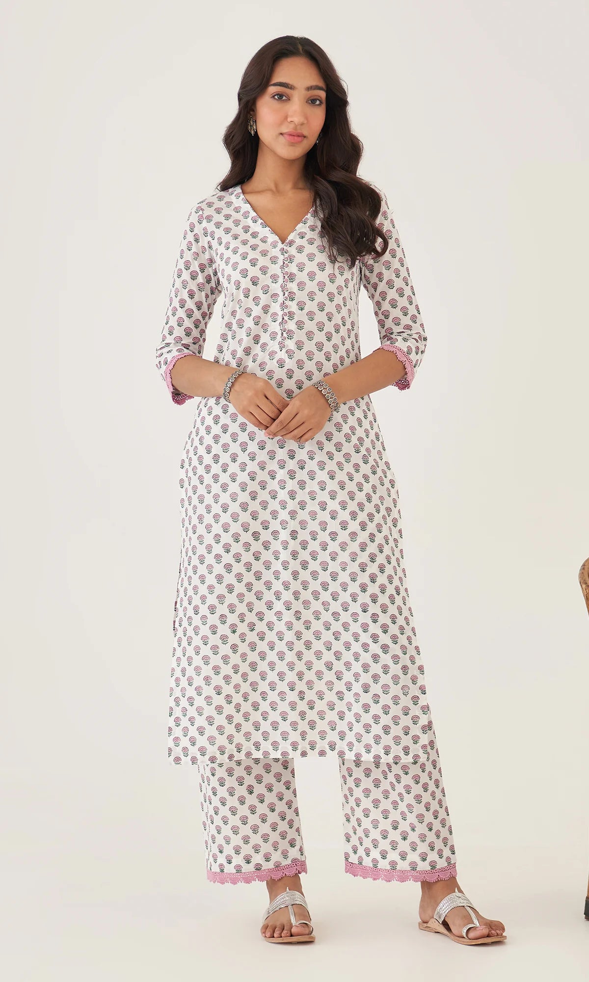 Floral Handblock Printed Cotton Kurta Set with Dupatta – White, Pink & Green