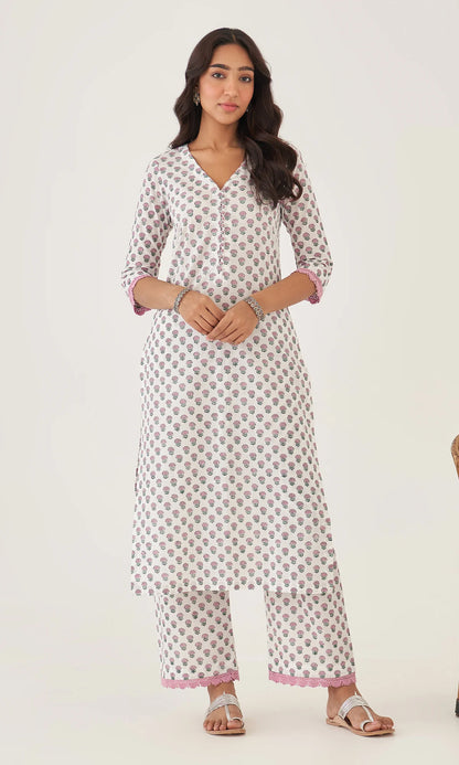 Floral Handblock Printed Cotton Kurta Set with Dupatta – White, Pink & Green