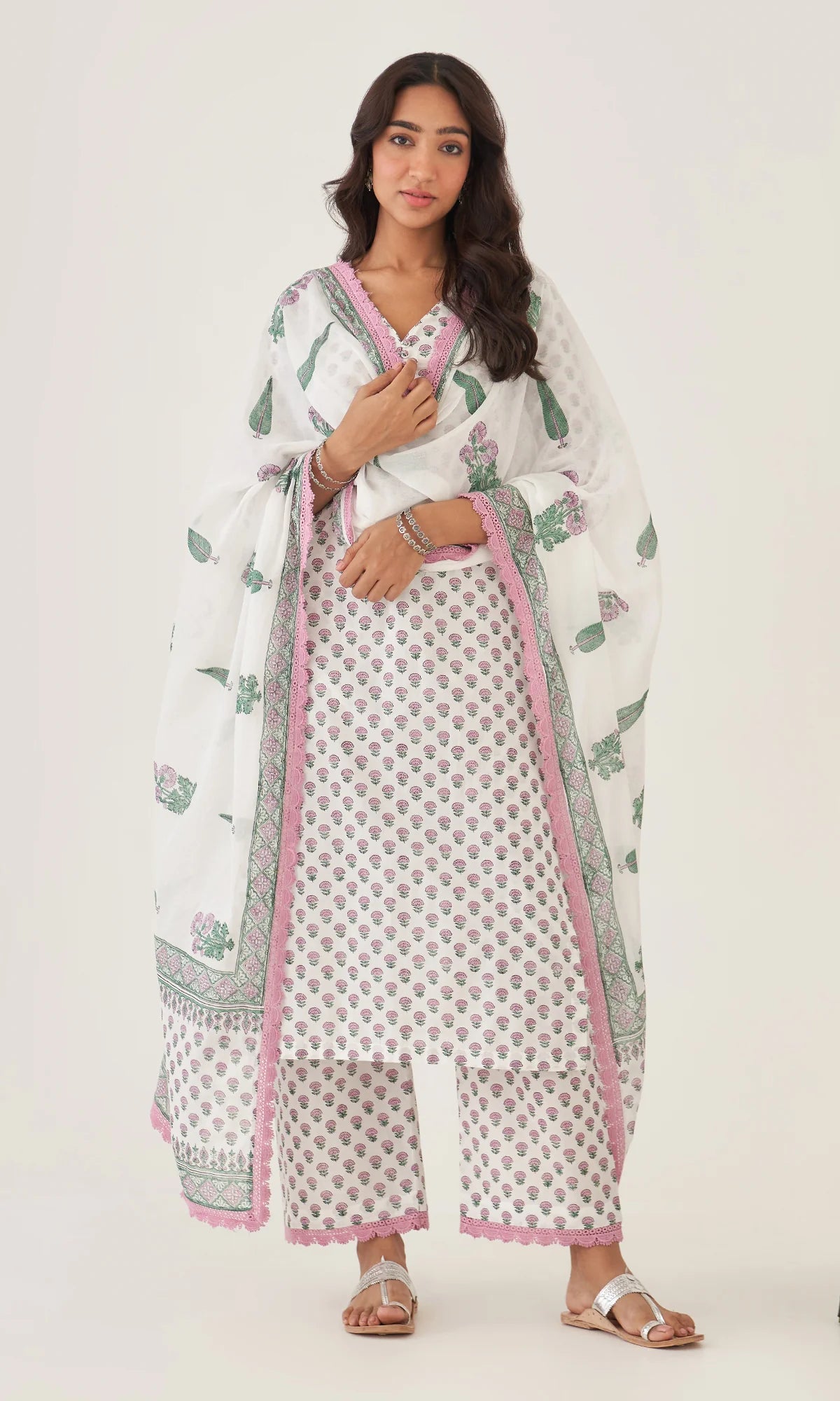 Floral Handblock Printed Cotton Kurta Set with Dupatta – White, Pink & Green