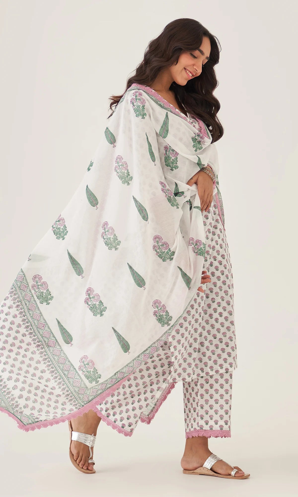 Floral Handblock Printed Cotton Kurta Set with Dupatta – White, Pink & Green