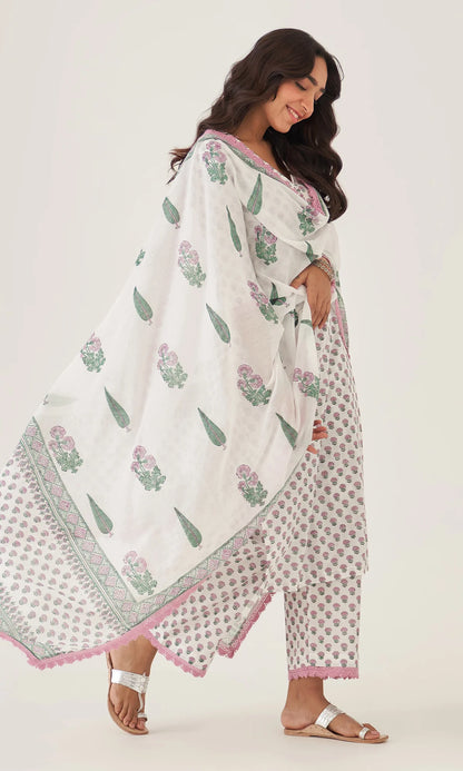 Floral Handblock Printed Cotton Kurta Set with Dupatta – White, Pink & Green