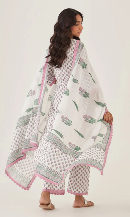 Floral Handblock Printed Cotton Kurta Set with Dupatta – White, Pink & Green