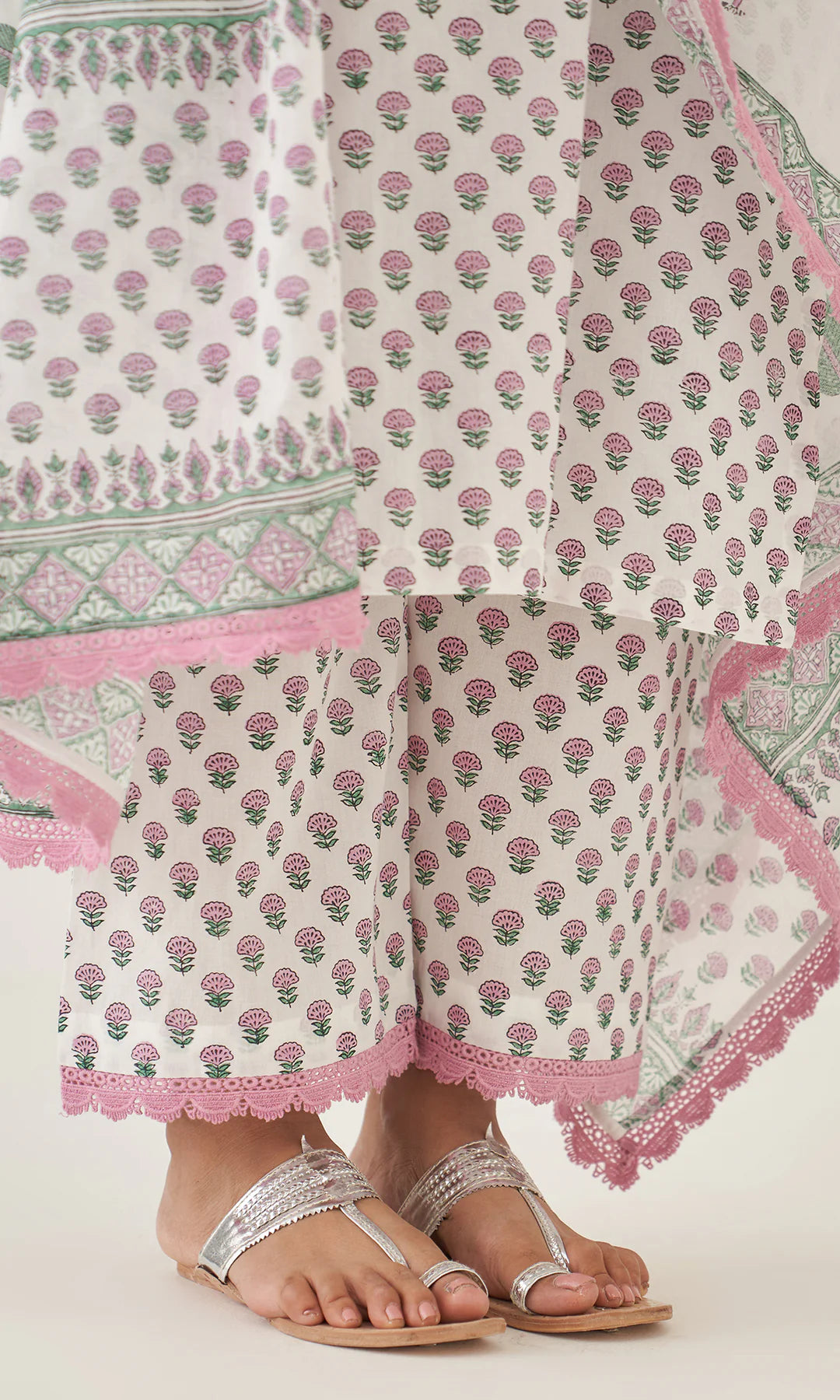 Floral Handblock Printed Cotton Kurta Set with Dupatta – White, Pink & Green