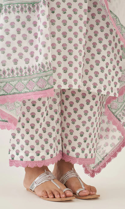 Floral Handblock Printed Cotton Kurta Set with Dupatta – White, Pink & Green