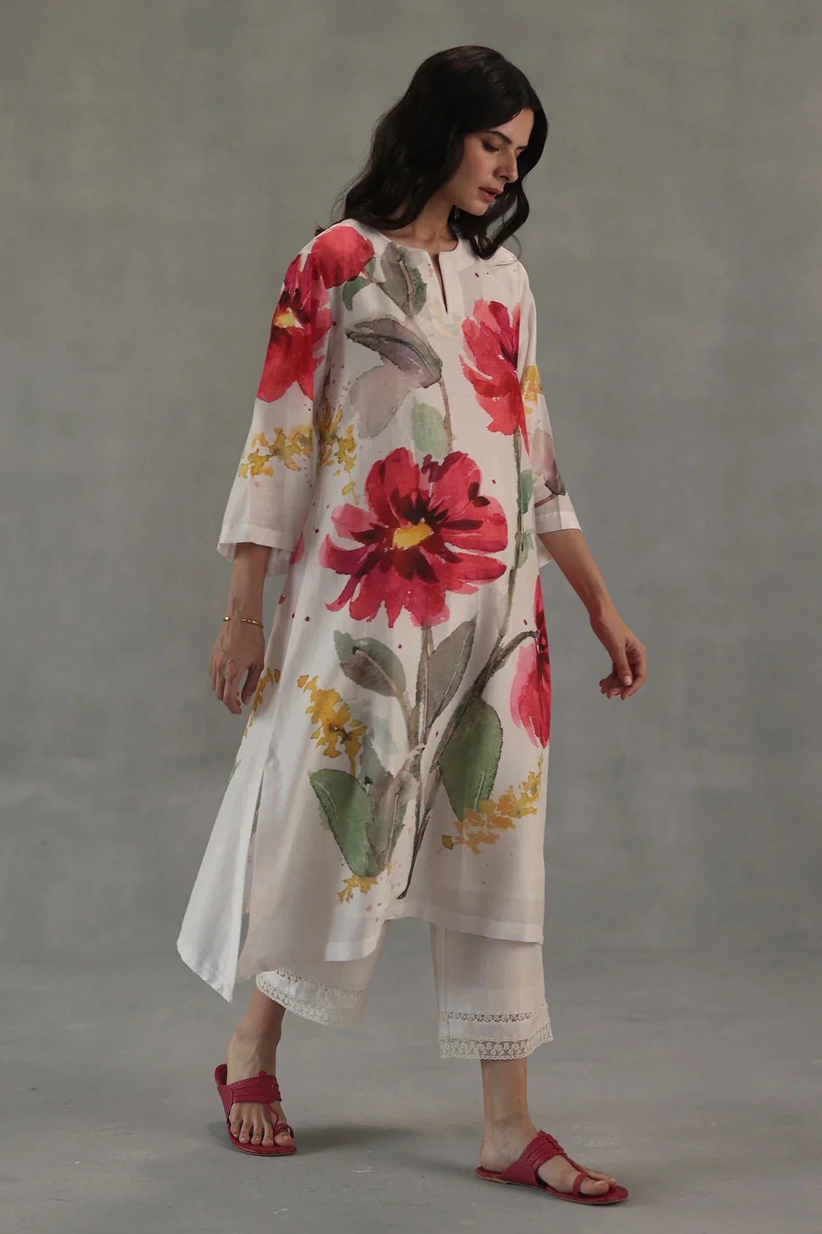 Ivory Poppy Hand-Painted Kurta Set
