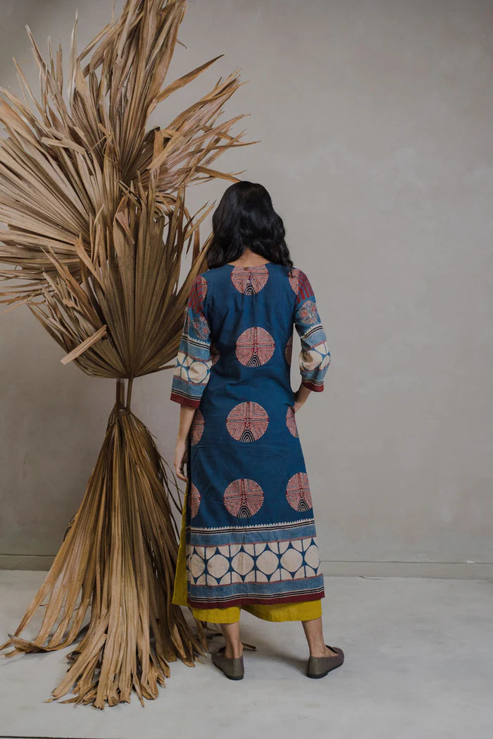 Indigo Circle Motif Cotton Kurta