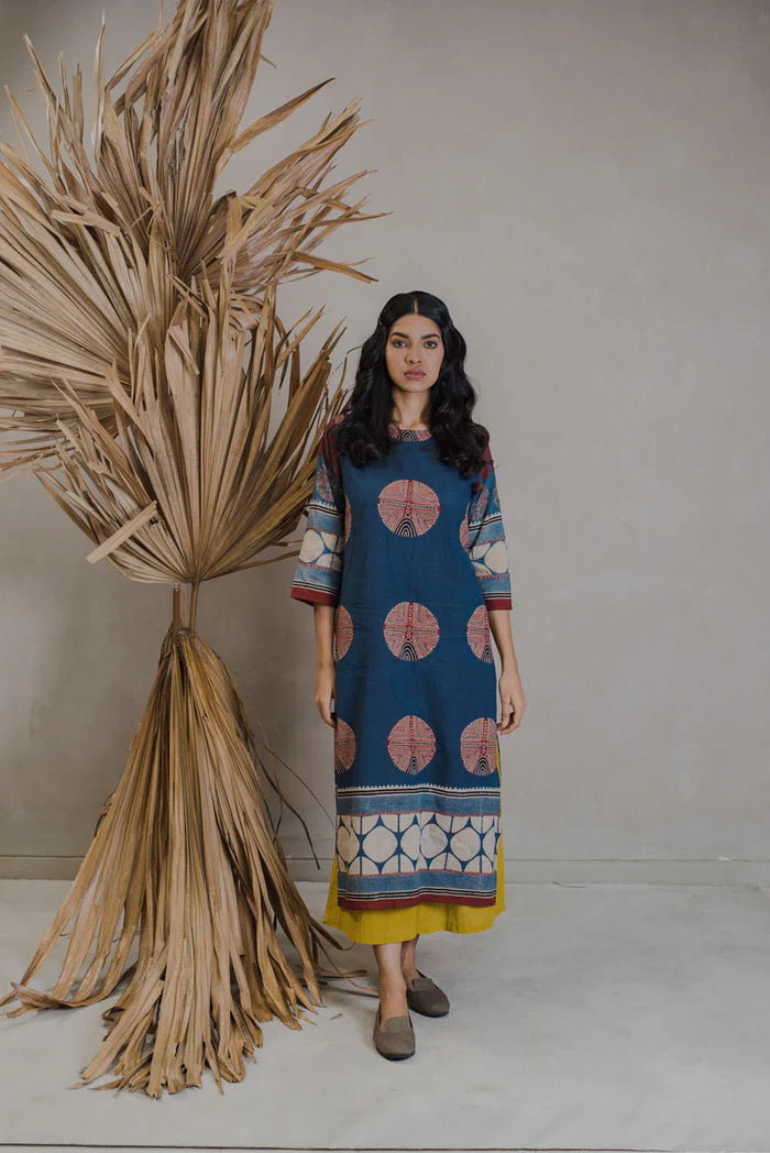 Indigo Circle Motif Cotton Kurta