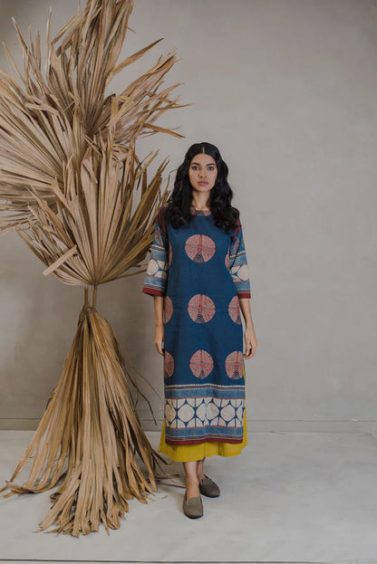 Indigo Circle Motif Cotton Kurta