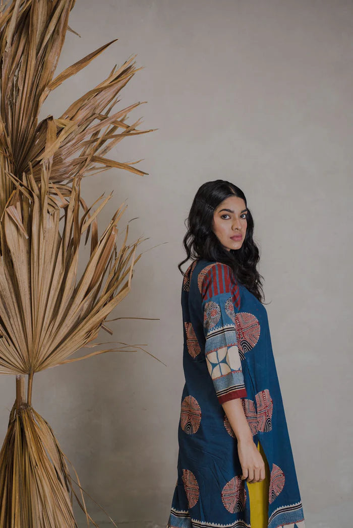 Indigo Circle Motif Cotton Kurta