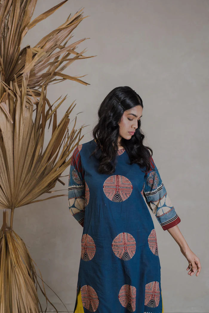 Indigo Circle Motif Cotton Kurta