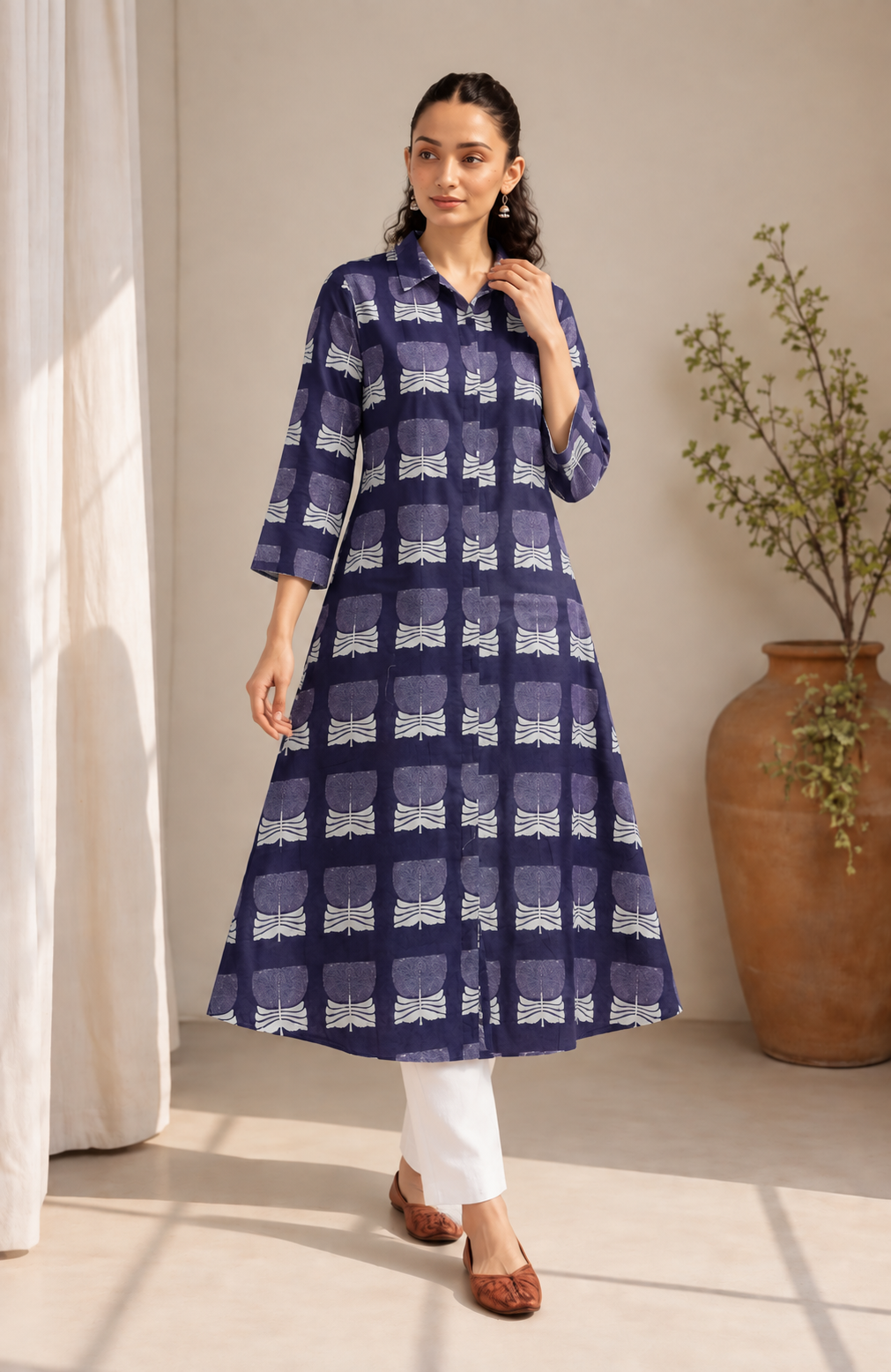 Women's Black & White Printed Cotton A-Line Kurta only