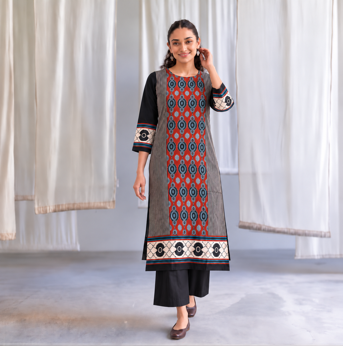 Rust & Black Geometric Print Kurta Palazzo Set