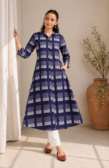Women's Black & White Printed Cotton A-Line Kurta only