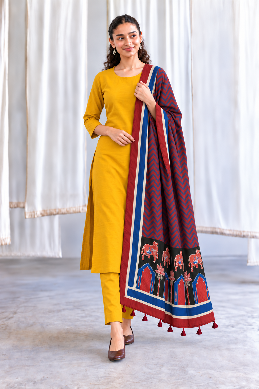 Mustard Yellow Kurta Set with Printed Tassel Dupatta