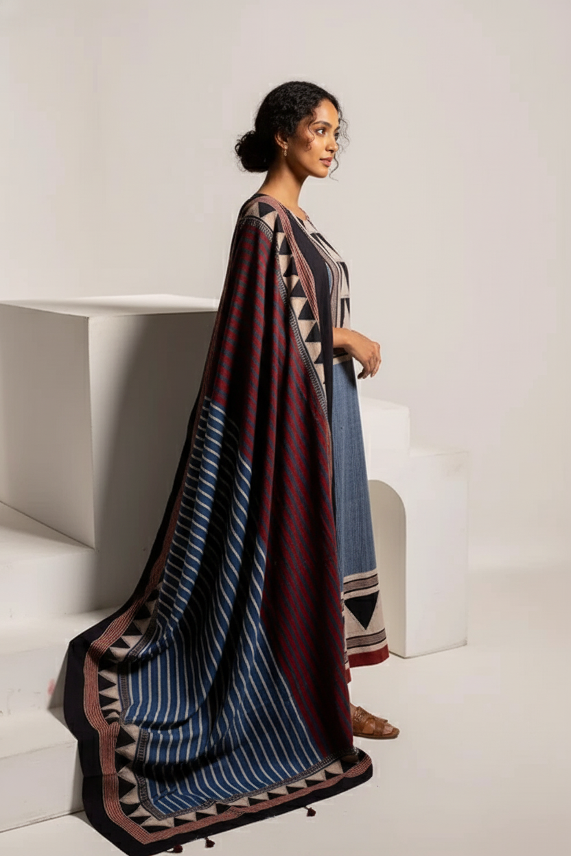 Indigo & Maroon Geometric Print Cotton Kurta With Dupatta