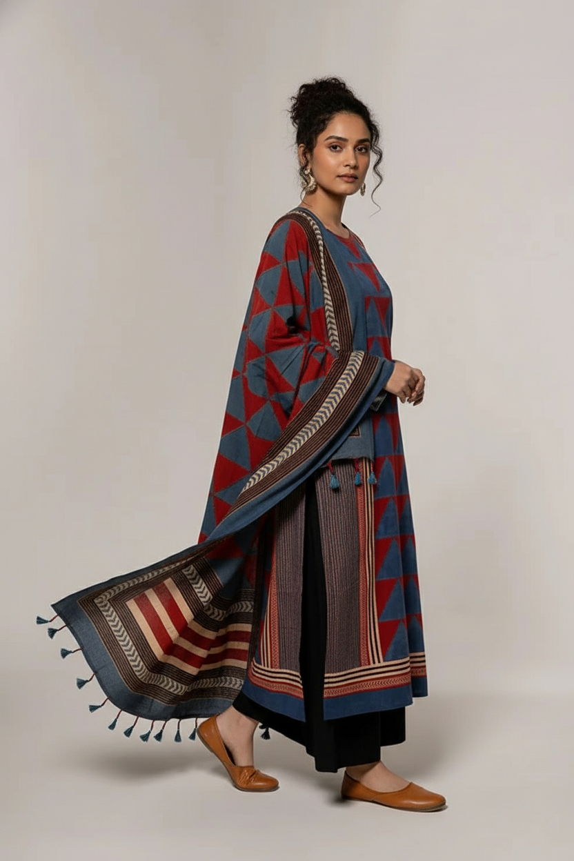 Red & Blue Geometric Block Print Cotton Kurta Set with Dupatta