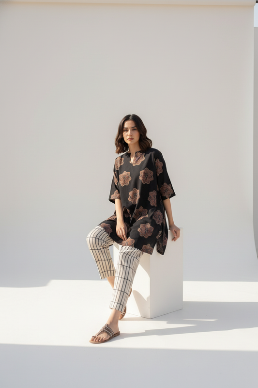Black Printed Cotton Kurta with Beige Striped Pants – Casual Summer Set
