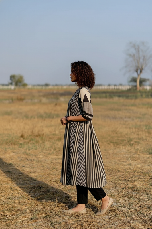 Beige & Black Striped Print Cotton A-Line Kurta