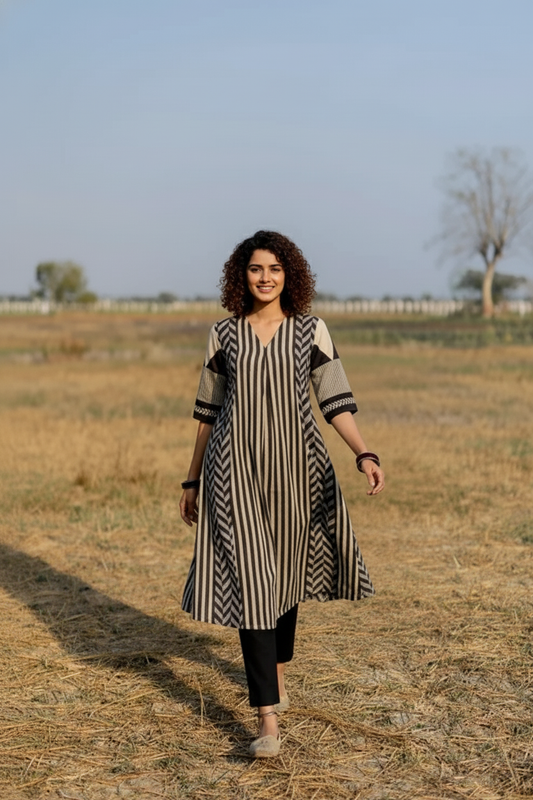 Beige & Black Striped Print Cotton A-Line Kurta