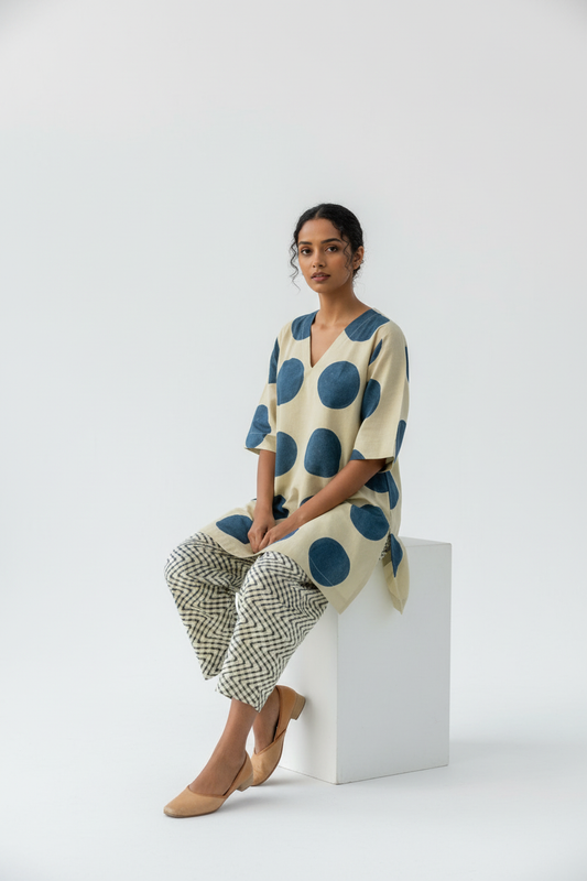 Beige & Indigo Polka Dot Cotton Kaftan Top with Printed Pants Co-ord Set