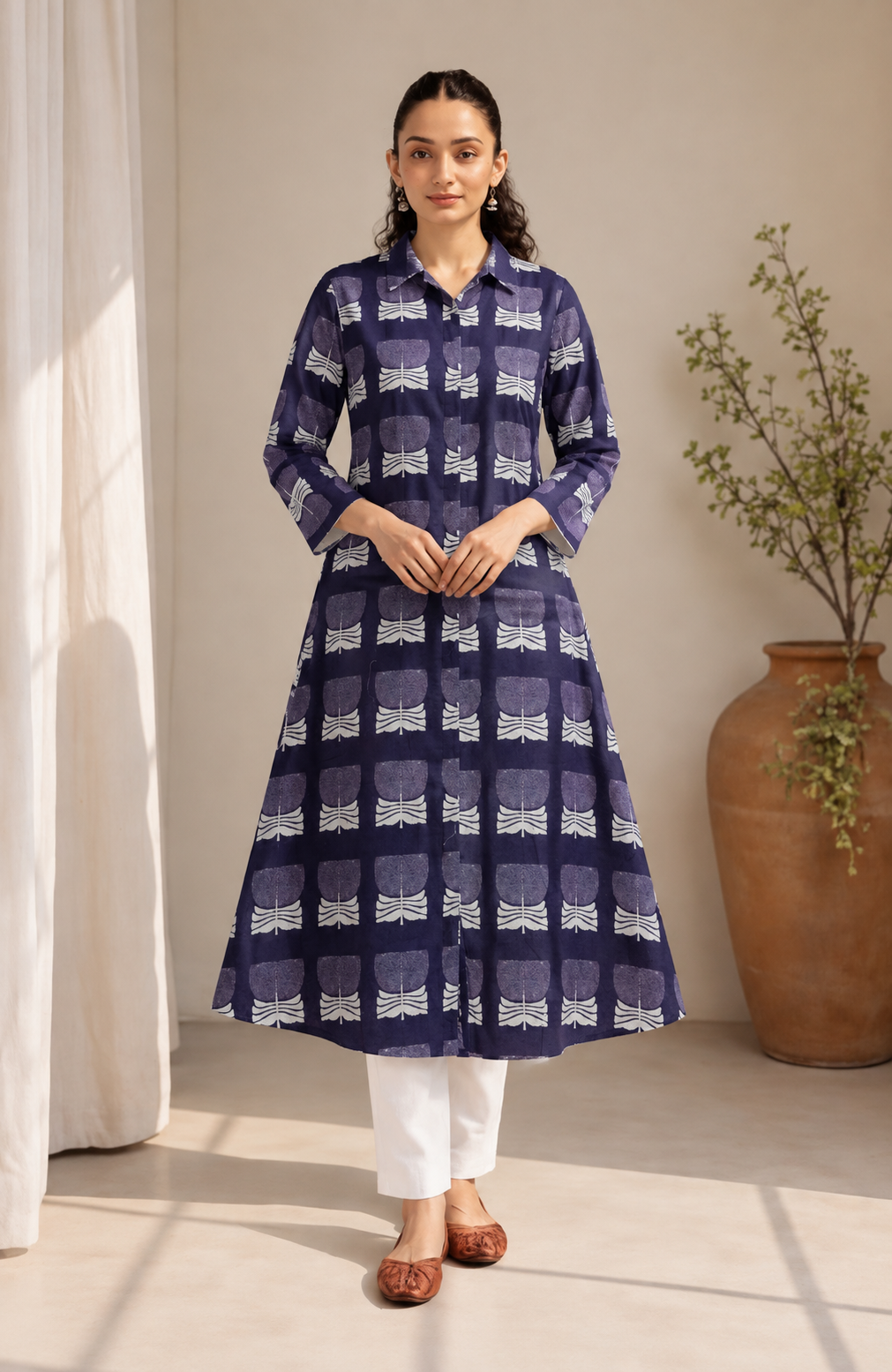 Women's Black & White Printed Cotton A-Line Kurta only