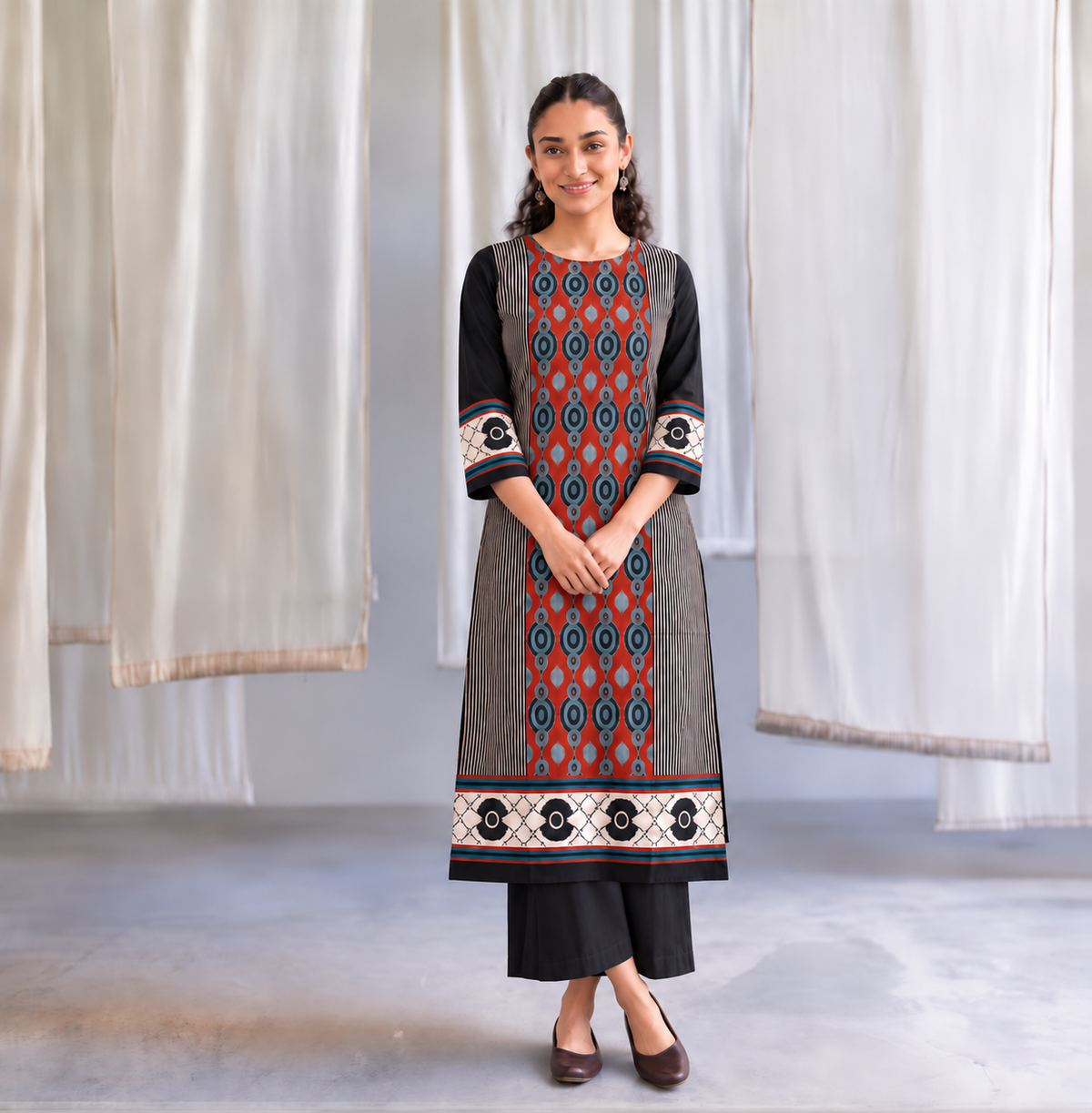 Rust & Black Geometric Print Kurta Palazzo Set