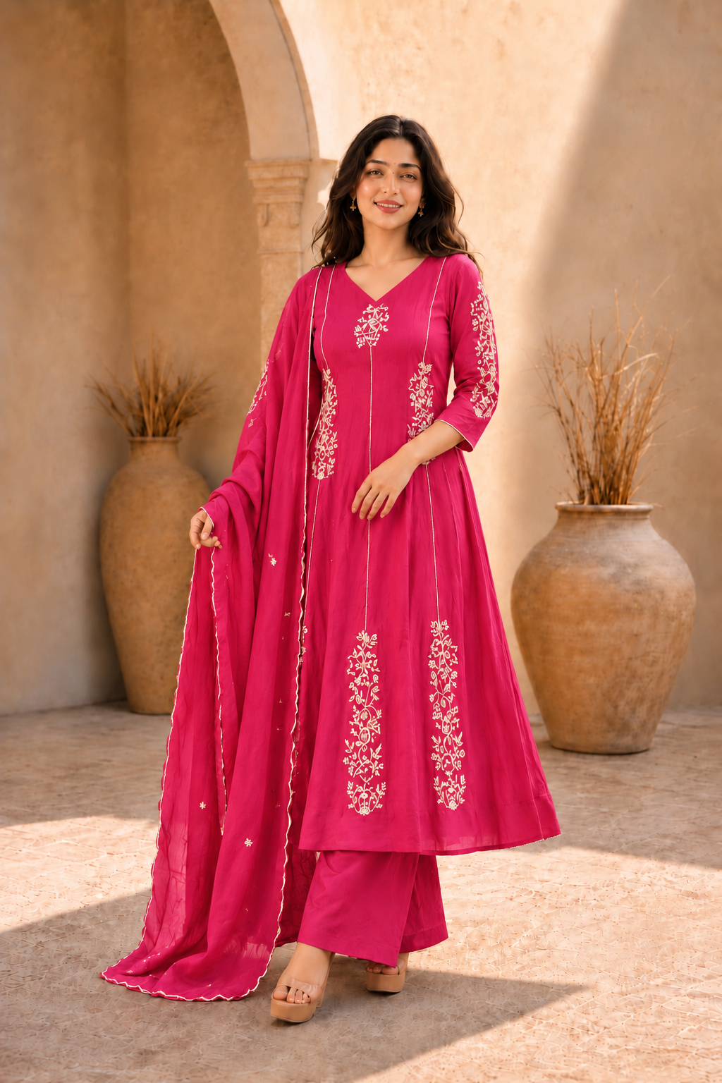 Rani Pink Embroidered Anarkali KuArta Set with Dupatta