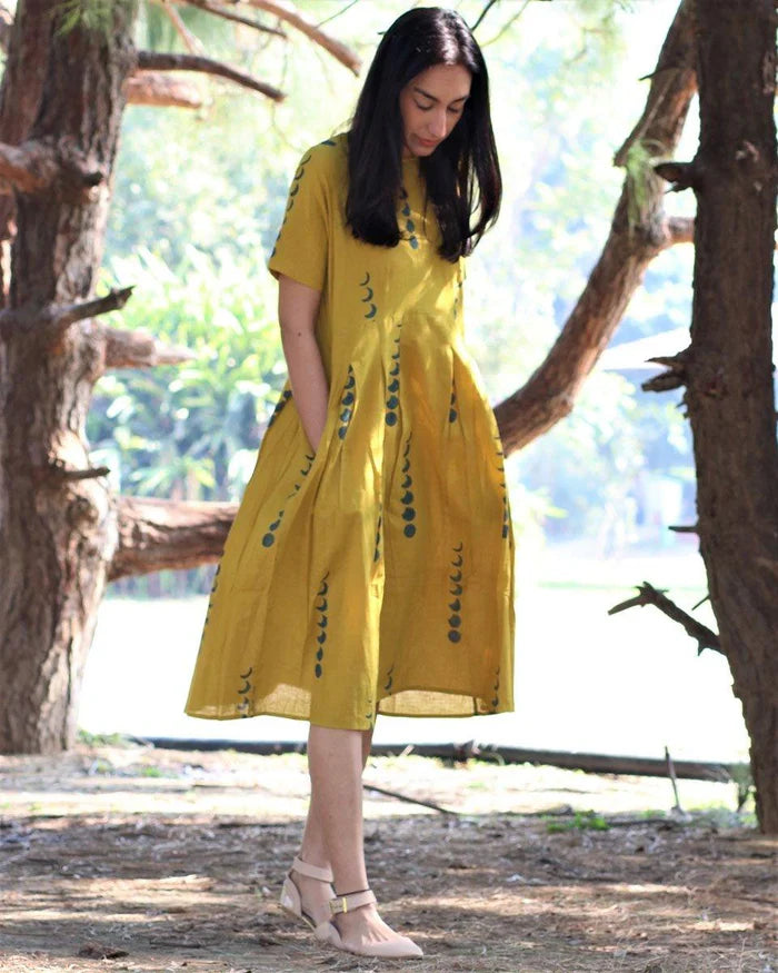 Mustard Yellow Printed A-Line Dress