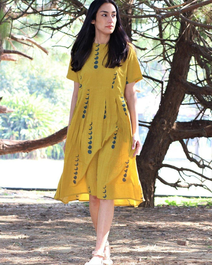 Mustard Yellow Printed A-Line Dress